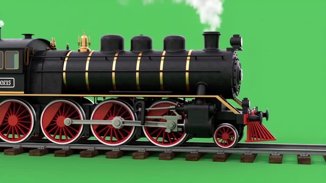 Classic steam locomotive engine traveling along tracks in motion footage