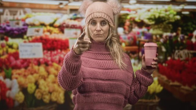 Woman points finger holding pink coffee cup in knitted hat and sweater at street market filled with tulips; confidence.