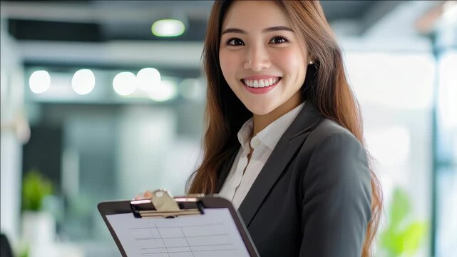 Smiling professional woman holding clipboard in office environment