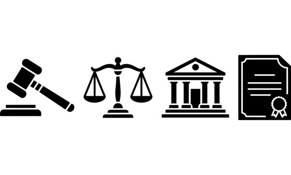 Black law and justice icons with a judge gavel on a sound block, scales of justice, neoclassical courthouse building, and a legal certificate document
