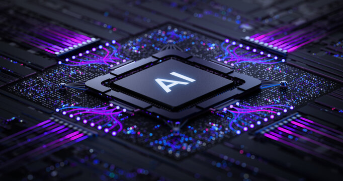 AI and Artificial Intelligence Chipset on High Tech Circuit Board