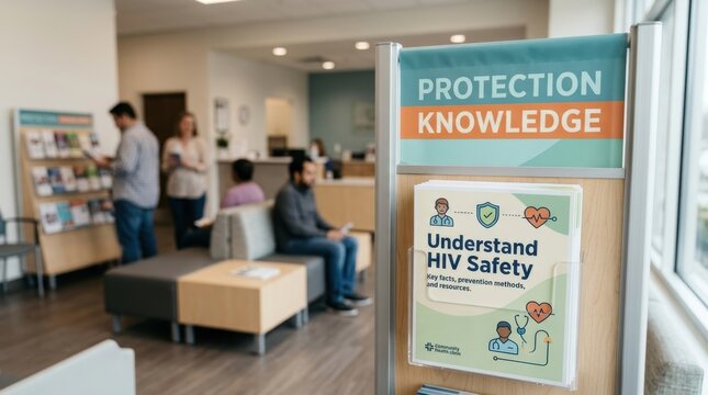 Informative medical brochures about HIV safety and prevention are displayed on a stand in a modern community health clinic waiting room where patients sit and wait for their professional