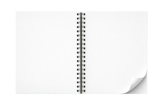 Minimalist spiral notebook mockup on white background, blank open sketchbook pages, clean stationery branding template