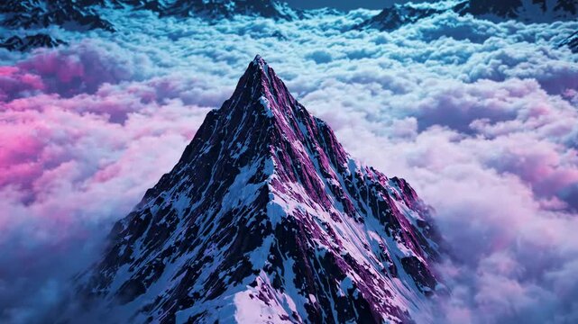 Majestic snow-capped mountain peak piercing through colorful clouds at sunrise, serene atmosphere, adventurous journey, inspiring landscape