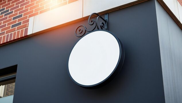 Round hanging shop sign with a white circular logo on a dark gray wall