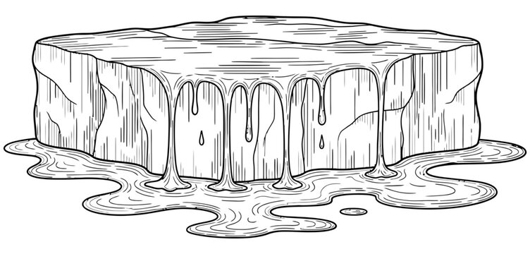 Melting ice cube vector illustration featuring thick dripping liquid lines isolated on a clean white background