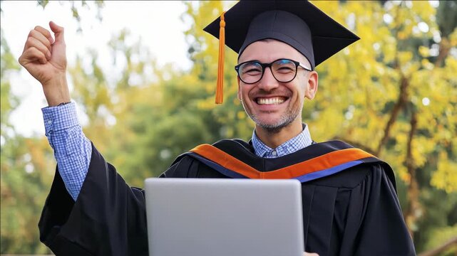 Enthusiastic graduate in cap and gown proudly posing with laptop.