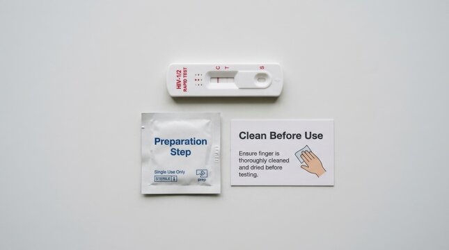 Professional HIV 1 2 rapid test kit with diagnostic cassette showing negative result plus preparation alcohol swab and cleaning instruction card for reliable medical health screening and checkups now.
