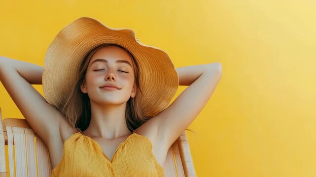 A woman enjoying a relaxing moment in a sun chair with her eyes closed, wearing a straw hat and a yellow outfit.
