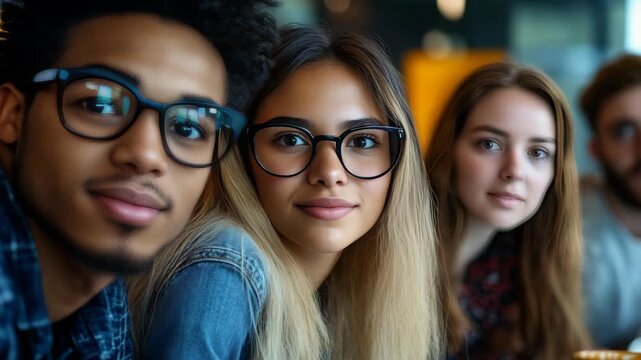A group of four friends sitting together in a restaurant, all wearing glasses and smiling.