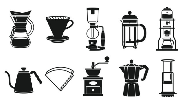 Manual Coffee Brewing Equipment and Specialty Cafe Icon Set Featuring Pour Over Chemex Dripper Siphon French Press Espresso Maker Moka Pot Grinder and Gooseneck Kettle