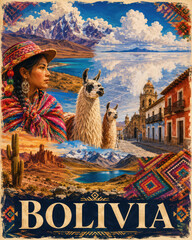 Naklejka premium Bolivia Travel Collage with Andes, Llamas and Indigenous Culture