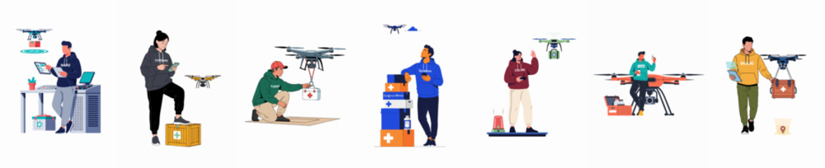 Fototapeta premium Collection of diverse people operating and interacting with delivery drones for modern logistics, shipping, and e-commerce services on a white background.