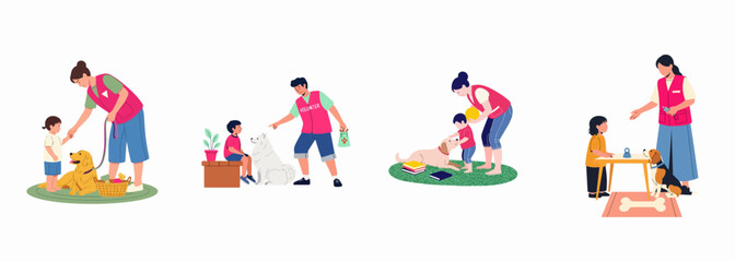 Fototapeta premium Flat illustration set showing volunteers and children interacting with different dogs in a training or animal shelter setting.