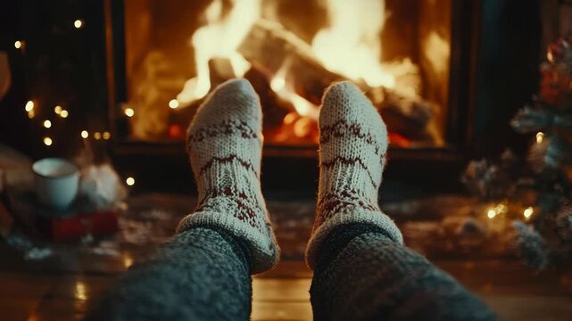of a person enjoying warm feet by a glowing fireplace with Christmas decorations.