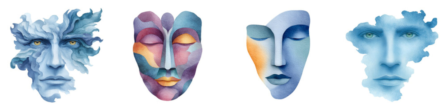 Abstract Face Masks Watercolor: Conceptual Art Portrait on White