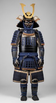 A full suit of Japanese samurai armor, known as Yoroi, displayed against a neutral background.
