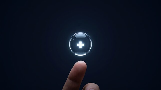 3D Render of Glowing Medical Cross Inside Transparent Water Drop Balanced on Finger for Digital Health and Medical Insurance Landing Pages