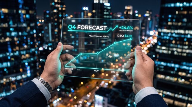 3D render of hands holding a transparent digital interface with Q4 financial forecast and revenue growth chart for corporate investment reports.