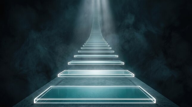 3D Render of Glowing Neon Staircase Rising Through Dark Foggy Atmosphere for Success Career Growth and Spiritual Transcendence