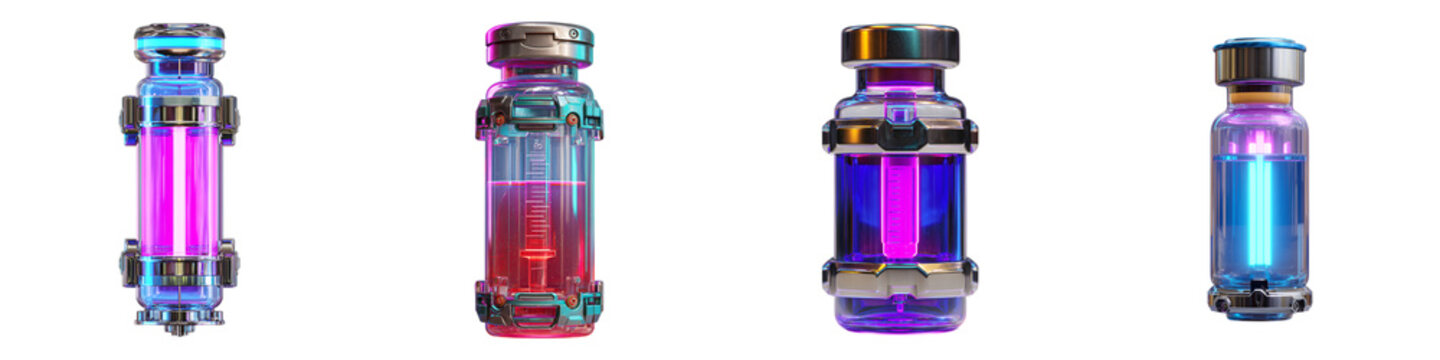 Four futuristic containers filled with glowing liquids of varying colors, on a white background, for sci-fi or research concepts