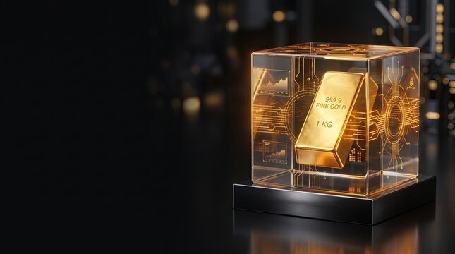 3D Render of 1kg Gold Bar Inside Transparent High Tech Glass Cube with HUD Glowing Graphics for Digital Finance and Secure Investment Platforms