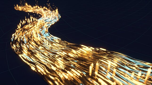 3D Golden Financial Data Flow with Glowing Candlestick Charts on Dark Grid Background. Premium Fintech Visual for Market Trends and Investment Analysis.