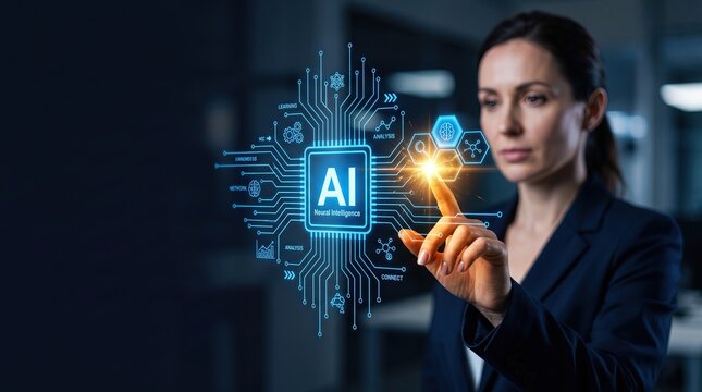Businesswoman interacting with glowing AI digital interface and neural network for corporate technology and machine learning marketing