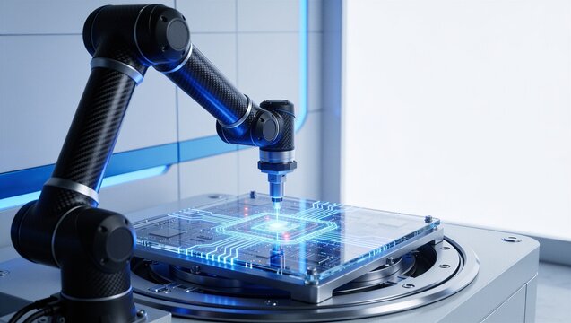 Robotic Arm Performing Precision Manufacturing on Electronic Components for Smart Factory Automation