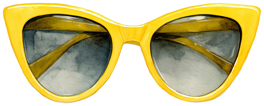 Water color illustration of yellow sunglasses on transparent background