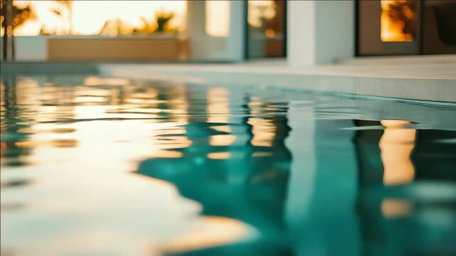 A serene of a swimming pool with the warm glow of sunset casting rippling reflections across the water's surface.
