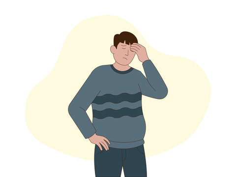 A young man with a pained or stressed expression, holding his hand to his forehead as if experiencing a headache or physical discomfort. Hopeless illustrations. Flat vector concepts.