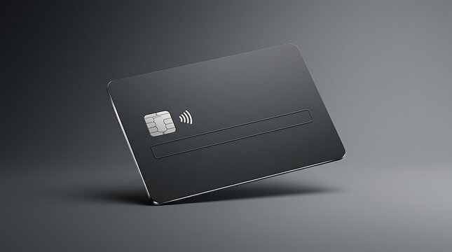 Modern black credit card with chip and contactless payment symbol floating in studio