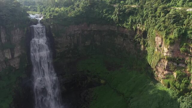 Aerial view of Tequendama Falls in a lush Colombian canyon