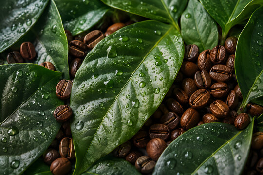 Roasted coffee beans surrounded by fresh green coffee plant leaves with dew water drops