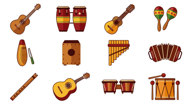 Diverse Collection of Musical Instruments: Guitar, Drums, Accordion, Flute, Maracas