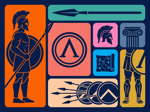 Spartan Warrior and Ancient Greek Military Icon Collection Flat Vector Design