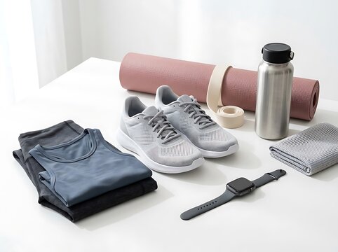Pair of grey running shoes with a pink yoga mat and water bottle for a healthy active morning workout. morning routine tips