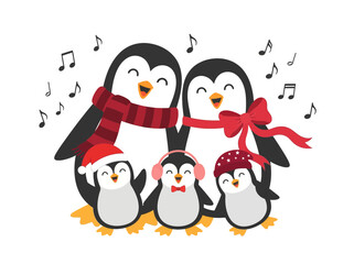 Fototapeta premium Cute Penguin Family Singing Christmas Carols Vector Illustration