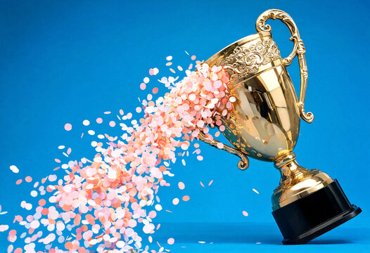 Golden trophy cup pouring out colorful confetti celebration on bright blue background perfect for victory success