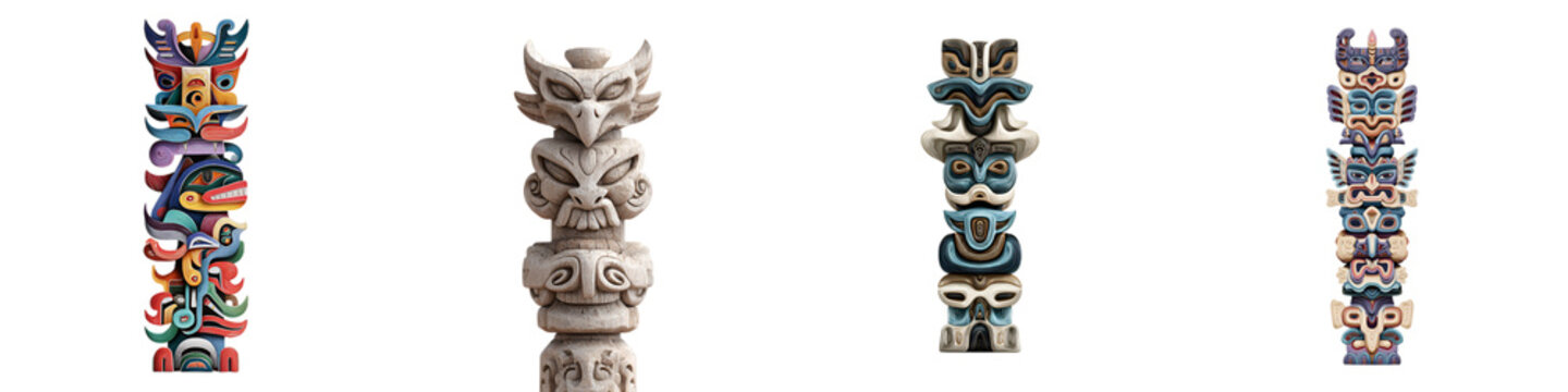 Totem Pole Collection: Native American Art and Cultural Symbols Isolated on White