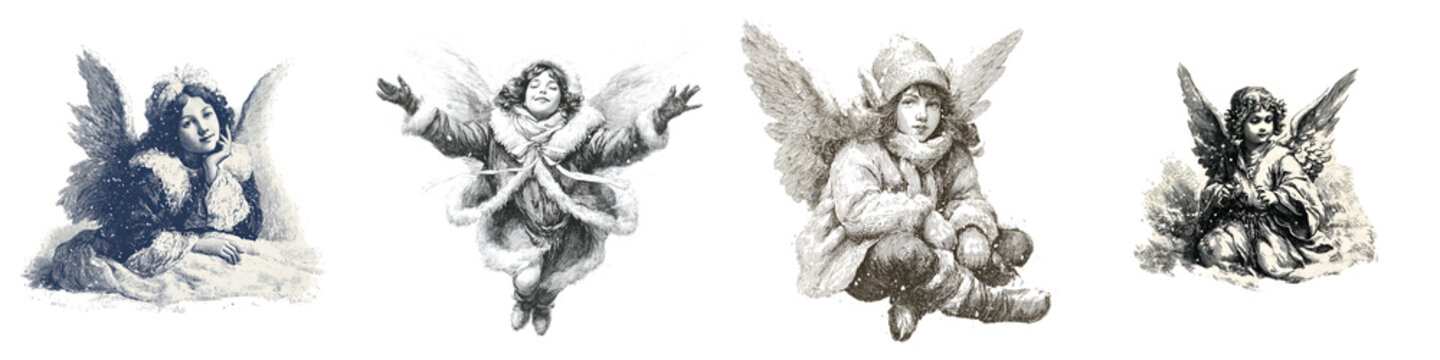 Vintage Angel Illustrations: Set of Winter Angels for Christmas and Holiday Designs