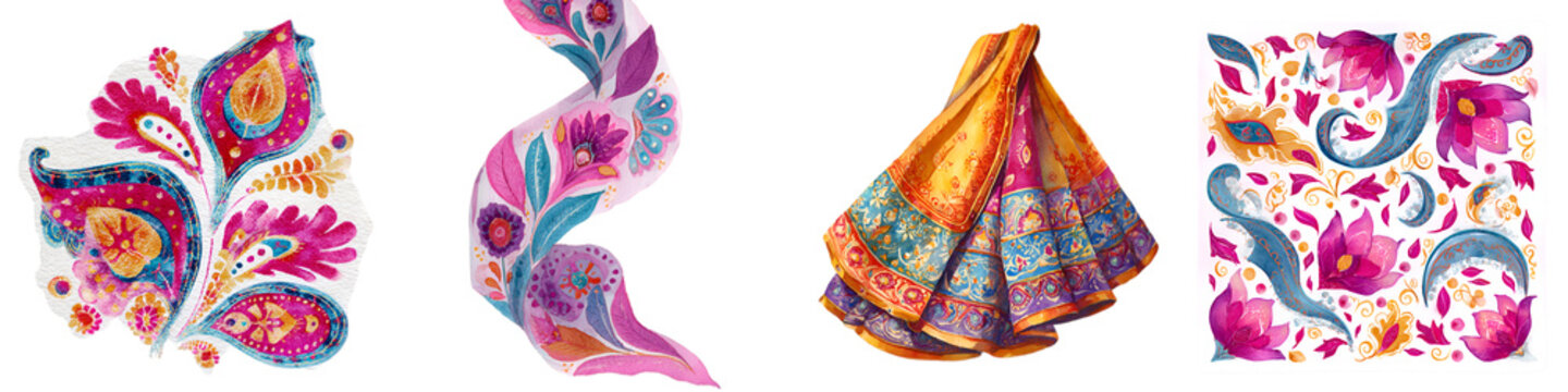 Watercolor Indian Textile Patterns and Sari