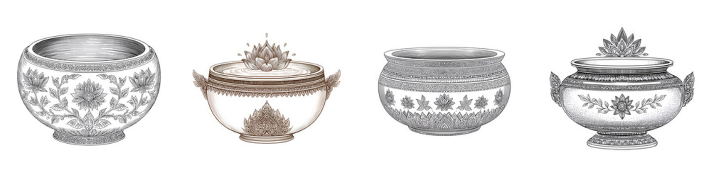 Vintage Decorative Bowl Set - Antique Pottery Illustrations for Elegant Design Elements