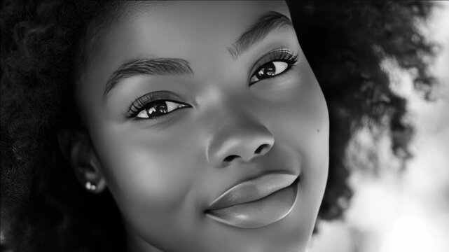 A close-up portrait of a young woman with radiant skin tone, gentle eyes, and soft lips. She is set against a blurred background that suggests warm lighting. The conveys serenity and elegance.