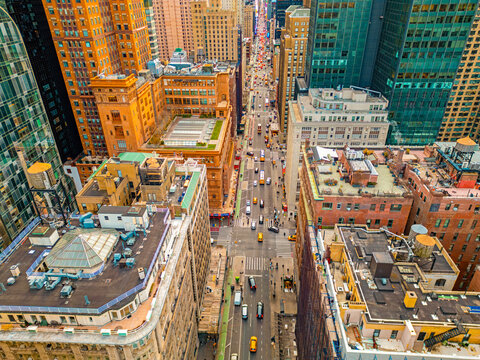 New York Seventh Avenue in Midtown Manhattan. ew York architecture near Carnegie Hall. NYC panorama, New York city in Manhattan. New York skyscrapers along Seventh Avenue.