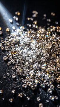 Pile of sparkling rough diamonds scattered on a dark textured surface with light flares AI GENERATED