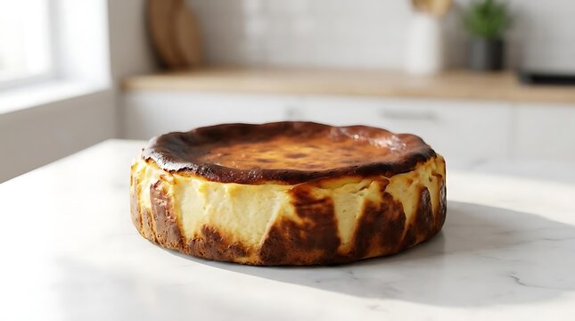 A freshly baked creamy basque cheesecake with a perfectly scorched top sits elegantly on a bright white marble kitchen countertop in a modern home kitchen.