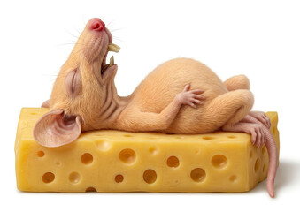 Obraz premium Drawing of a rat lying on a piece of cheese. Illustration for children. A brutal death from gluttony.