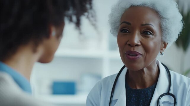 The portrays a positive doctor-patient interaction, showcasing the professional environment of a medical office.